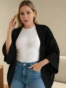Set Of 2 Women's Cardigan Blouses, Knitted Cape, Openwork Knit, Autumn - 關閉/銅 - 查看 4