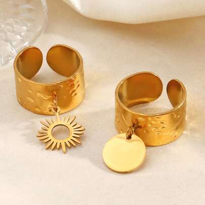 2 pièces/set Bagues géométriques en cercle plaquées or 18 carats en acier inoxydable, convient pour le port quotidien des femmes