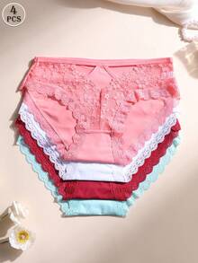 4 piezas Bragas de mujer de triángulo de seda de hielo con encaje sexy, calado y empalme, de cintura baja, sin costuras, lencería suave, cómoda y transpirable para yoga, deportes y uso diario - Multicolor - Ver 1