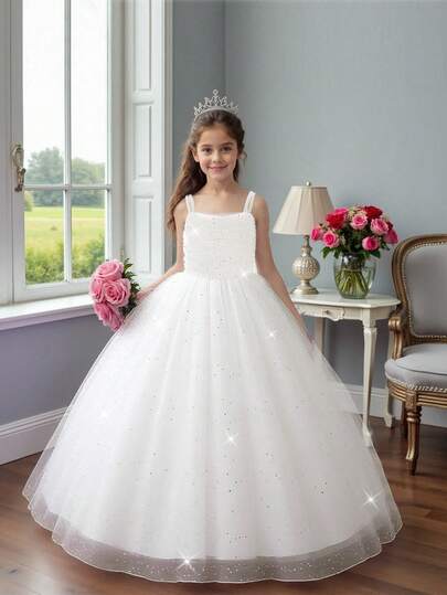 Tween Girls Faux Pearl Spaghetti Strap Sequin Mesh Backless Bow Elegant Ball Gown Dress For Birthday Party, Formal Occasion, Excluding Headband