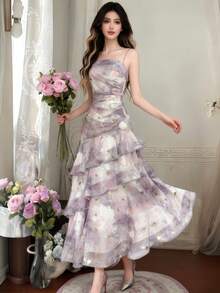 优雅亮片印花雪纺派对连衣裙，女士新款返校舞会吊带荷叶边仙女裙，修身生日套装，茶会睡袍，春夏款