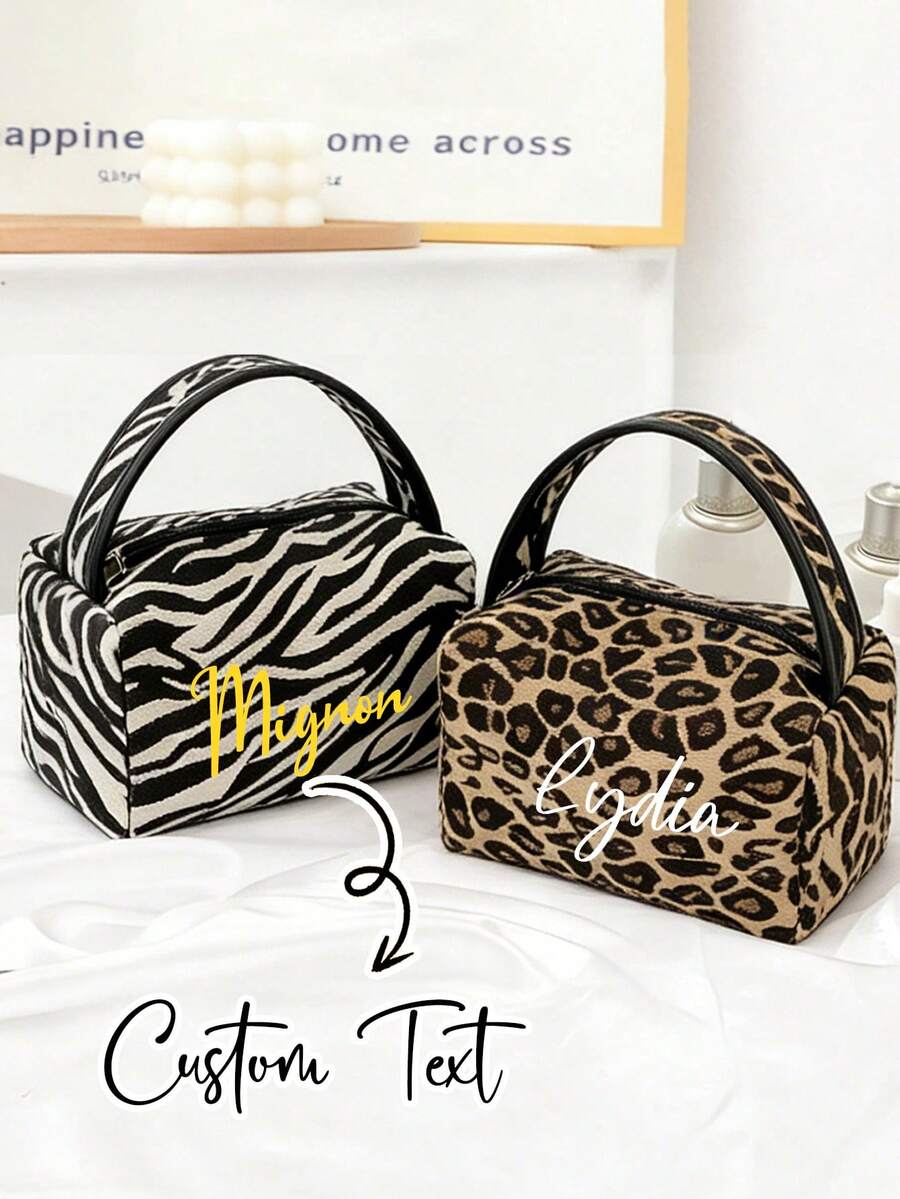 Customizable Makeup Bag , Personalized Leopard Print&Zebra Stripes Makeup Bag, Hand-Held Makeup Bag,Can Customize Name,Travel Pouch, Toiletry Bag,Chic Autumn And Winter Makeup Bag,Multi-Functional - Multicolor - View 1