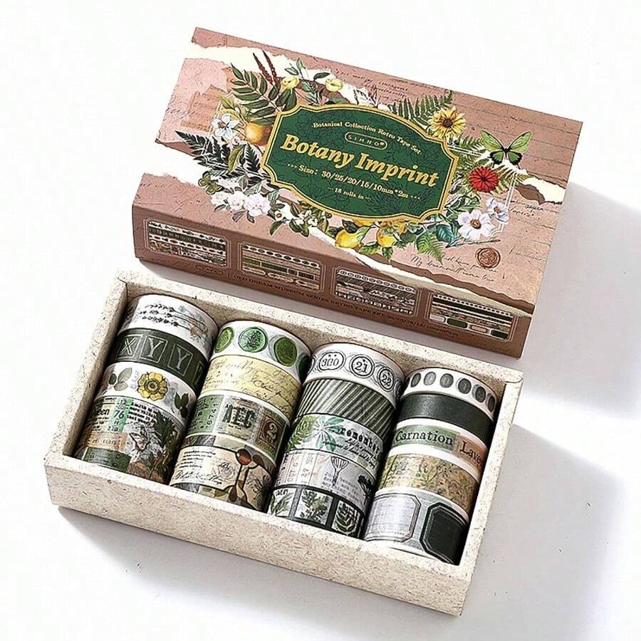18 Rolls Washi Tape Set Crafts And Journaling Vintage Floral Tape Scrapbooking Supplies Washi Tape Journaling Decorative Tape Crafts - Botany Imprint - View 1