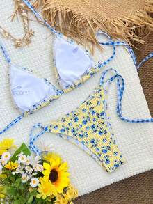 Swim Mod 新款女士夏季两件式比基尼套装 - 随机花卉褶皱印花，三角挂脖式，沙滩度假泳装 - 彩色 - 查看 5