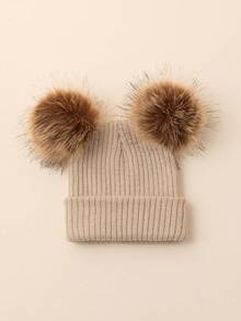 1pc Ribbed Kids Autumn/Winter Dual Pom-Pom Cute Outdoor Warm Knit Hat - Beige - View 3