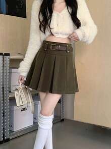 New Autumn/Winter High Waist A-Line Pleated Wool Blend Mini Skirt With Belt - Coffee Brown - View 3
