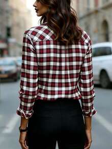 Women's Plaid Long Sleeve Shirt Collar Blouse, Red & White Checkered, Regular Fit, Non-Stretch Polyester Top - Burgundy - View 5