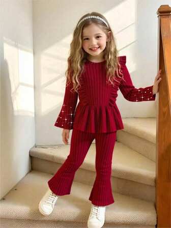 BASUSARRI 2-delat set med casual outfits för flickor: Pärlprydnad, utsvängd topp med ärm, volangkant och bekväma byxor, lämplig för hemma- och utomhusbruk, höst/vinter