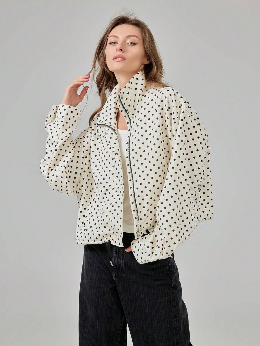 Women's Fashionable Fitted High Collar Short Polka Dot Print Casual Jacket, New Style