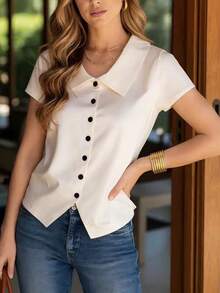 女士时尚白色短袖翻领涤纶衬衫，黑色纽扣，常规长度夏季款 - 白色 - 查看 1