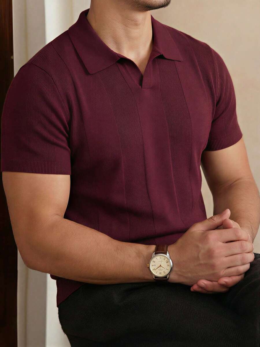 Men's Spring/Summer Turndown Collar Short Sleeve Ribbed Knit Slim Fit Old Money Vibe Casual Sophisticated Knitted Polo Shirt, Designer Men's Knit Tops - Burgundy - View 1