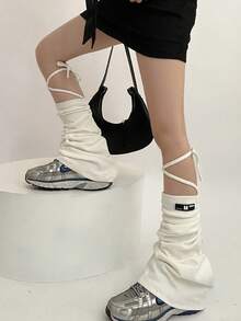 polve 1 Pair Solid Color Non-Woven Fabric Lace-Up Leg Warmers, Y2K Japanese Style, Slim Fit, Available In Dark Gray, White, Light Gray, Khaki, Black, Drawstring Binding Design, Flared Leg Warmers