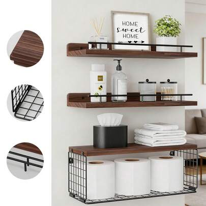 Estantes flotantes con cesta de alambre, estantes de baño con barandilla de metal, estante de pared de madera rústica para decoración de baño, dormitorio, sala de estar, cocina - Marrón rústico