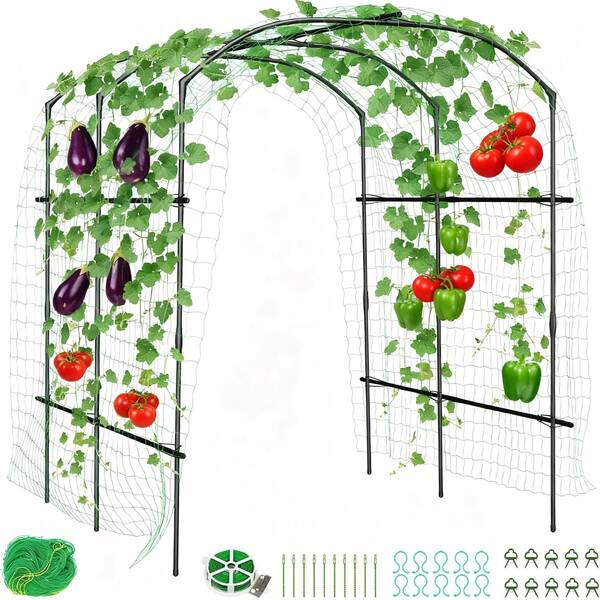  Techigher Garden Arch Trellis For Climbing Plants,7FT Tunnel Trellis,Metal Garden Arbors,Wedding Arch Archway With Mounting Clips And Nylon Net For Climbing Vine Vegetables Fruits Flowers Yard Lawn
