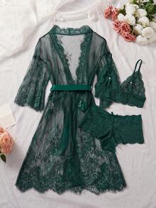 ROMWE Goth Deep V Lace Semi-Sheer Sexy Sleepwear Set, Fashionable & Alluring Design For Women - Dark Green - View 4
