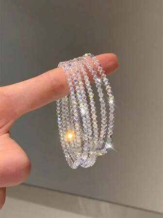 6pcs Sparkling Faceted Glass Beaded Bracelet Set, Elegant Elastic Cord Beaded Bracelet For Women, Lovely Gift