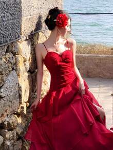 Spring/Summer Elegant Red Spaghetti Strap Dress French Chic Asymmetrical Ruffles Waist Slimming A-Line Dresses Suitable For Valentine's Day, Party & Wedding Guest - Red - View 11