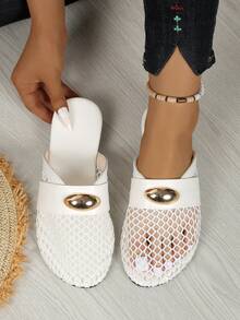 女士渔网镂空平底一脚蹬鞋，舒适亚麻休闲穆勒凉鞋 - 白色 - 查看 14