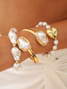 3pcs Minimalist Fashion Metal Wide Bangle Bracelet Set, Asymmetrical Pearl, CCB Peach Heart Geometric Bracelet, Suitable For Daily Wear And Any Occasion, Perfect Gift - 30233-bra-g White - View 7