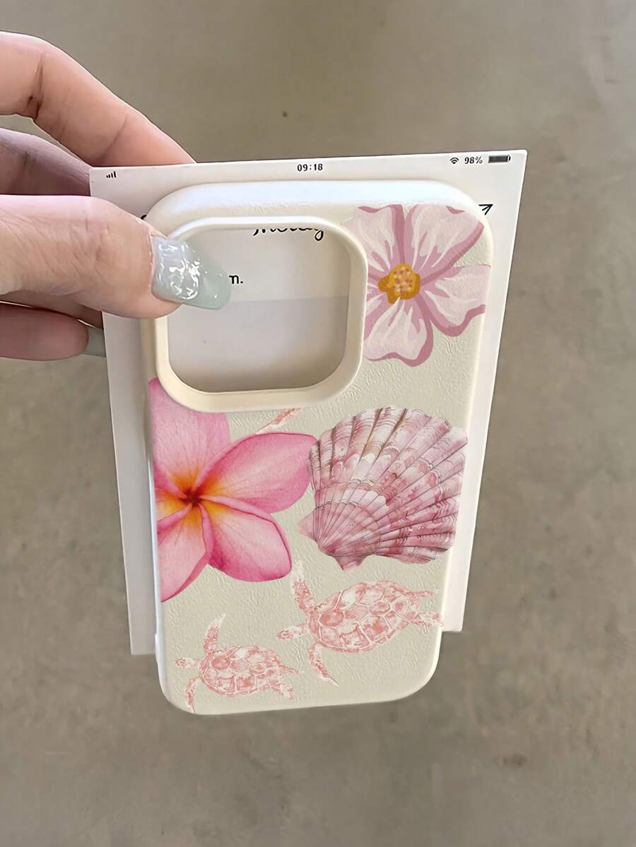 Pink 1pc White Sea Turtle Shell Hawaiian Flower Minimalist TPU Shockproof Phone Case Compatible With Apple 17, 16, 15, 14, 13, 12, 11 Pro Max, Air, Series - Multicolor - View 1