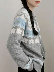 Women's Casual Vacation Style Floral & Geometric Pattern Raglan Sleeve Button-Up Cardigan