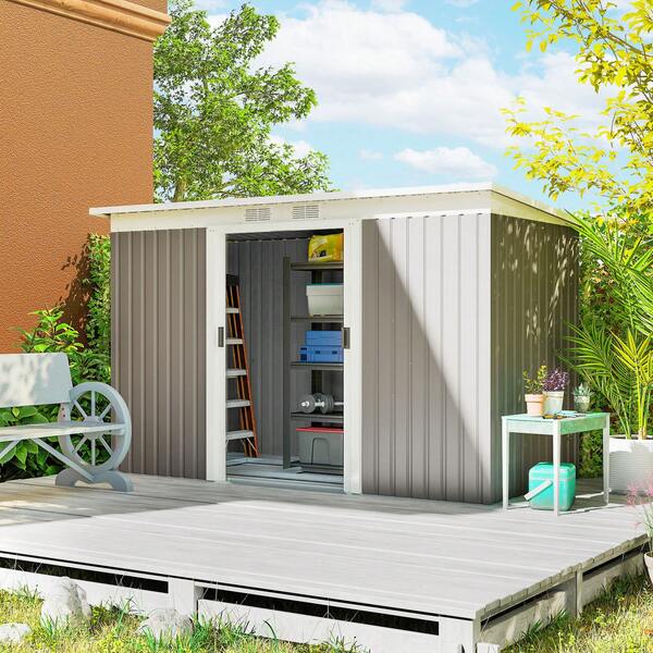  Outsunny Casetta da Giardino 3.2m² in Acciaio Zincato con Kit Fondazione, Prese d'Aria, Capanno Porta Attrezzi con Tetto Inclinato, Doppia Porta Scorrevole Bloccabile, 280x130x172cm