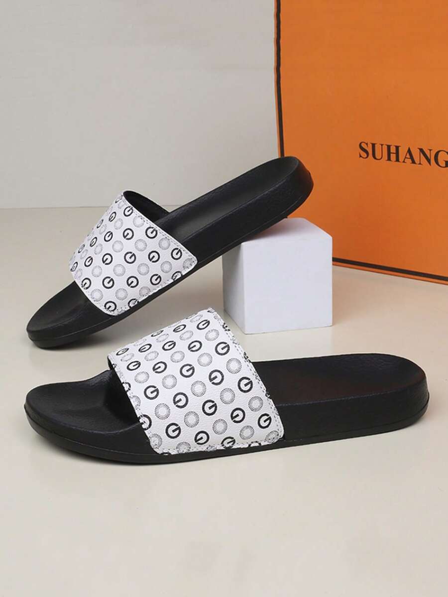 2025 New Men's Thick Sole Printed Slippers, Non-Slip Indoor/Outdoor, Bathroom & Beach Flip Flops, Casual Sports Slides, EVA Soft Flat Sandals, Summer Couple House Slippers, Garden Shoes - White - View 1