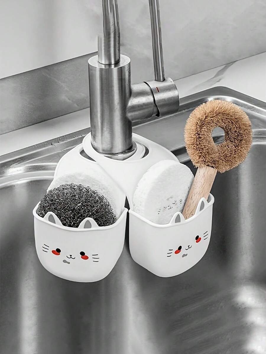 1/2 pezzi Supporto per rubinetto in silicone a forma di gatto con foro di drenaggio e rastrelliera per spugne, adatto per bagno e cucina, salvaspazio, decorativo e durevole portaspugne, organizer da bagno - Multicolore - Visualizzare 1