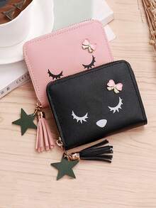 1pc Women Short Zipper Tassel Leather Coin Purse, Cartoon Cute Personalized Coin Wallet Card Holder