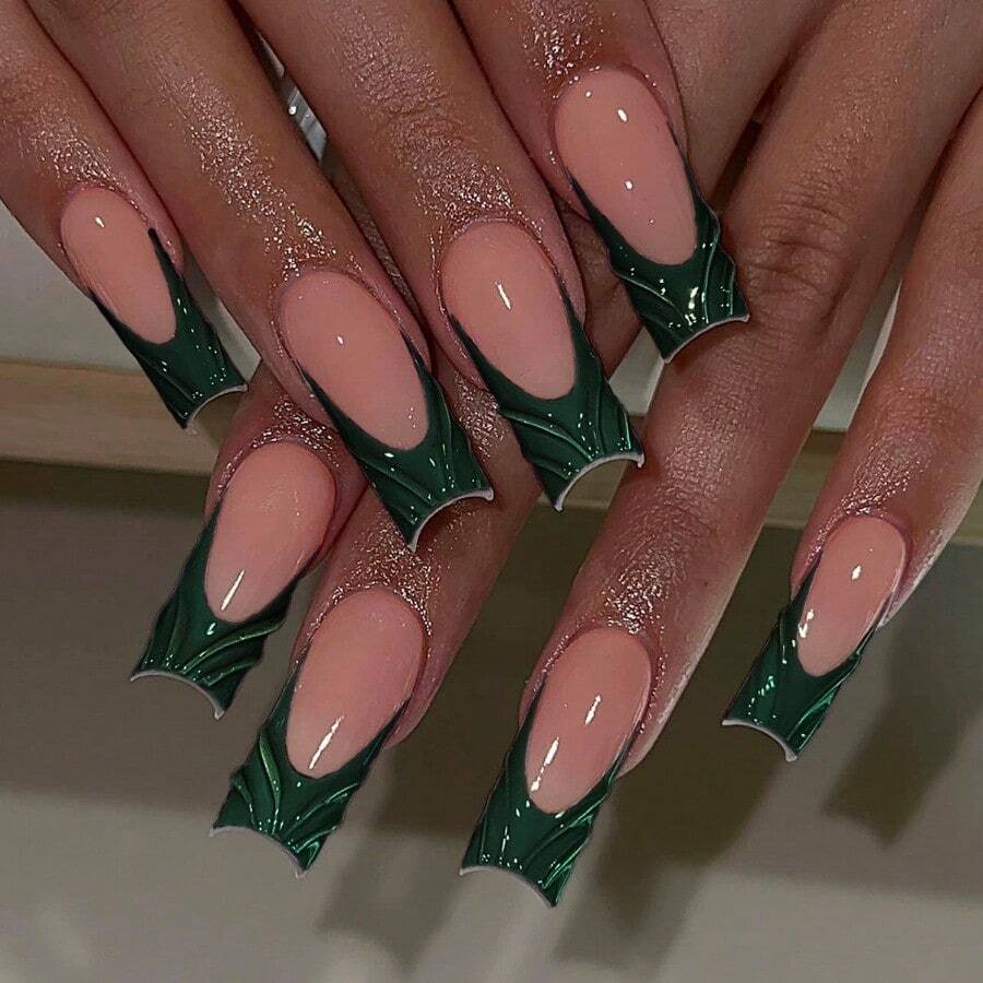 A Box Of 24 Wearable Nails Wholesale 3D French Dark Green Three-Dimensional Nail Art Nail Pieces Wearable Fake Nails - Dark Green - View 1