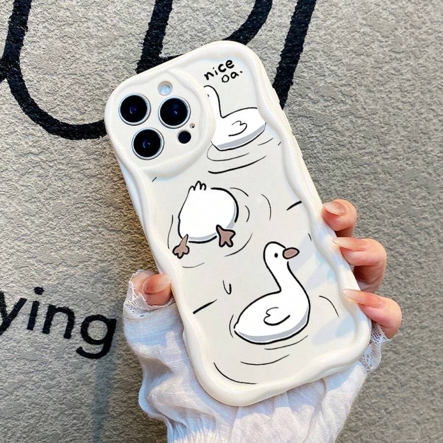Cartoon Duck Pattern Phone Case, Suitable For IPhone 17, 17air, 17promax, 17pro, 16, 16e, 15plus, 14, 13, 12, 11, New Wavy Border, Fashionable High-End, Women's TPU Protective Case, With Full Package Anti Drop Case, Suitable For Gifting To Family And Friends - 白色 - 查看 1