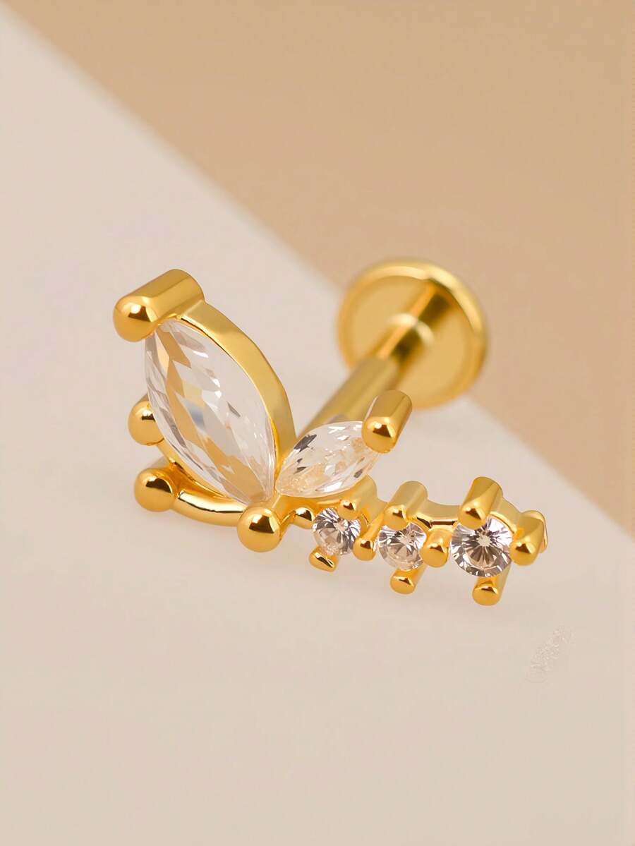 1 pieza Pendiente de 18K, Pendiente de cartílago de mariposa de acero inoxidable lindo, Pendiente pequeño de forma única de ojo de caballo plano, Adecuado para mujeres, Se puede usar en el borde de la oreja, concha de la oreja, nariz, 16G 8mm - Un par de pendientes de circonita de fondo plano - Ver 1