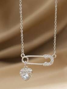 时尚别针石心形项链，不锈钢链，铜质锆石吊坠，镶嵌优质立方氧化锆，心形爱好者的配饰，女士情人节礼物，日常佩戴 - 別針新 - 查看 8