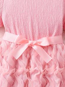 女童圆领泡泡袖串珠腰带拼接荷叶边网纱拼接夏季薄款公主裙 - 粉色 - 查看 6
