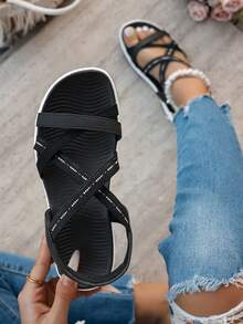 2026 Women's Solid Color Beach PU Leather Criss-Cross Strap Non-Slip Soft Bottom Sandals, Outdoor & Indoor Summer - Black - View 3