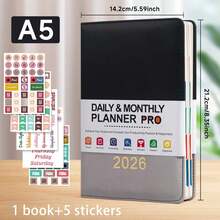 2026 年新日历日志自律签到时间管理一页一天 365 天计划书附带 5 个计划贴纸 A5 计划笔记本学习入门礼物适合工作和学习、学校用品、返校