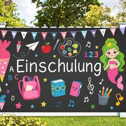 2D平面横幅，1件装，梦幻般的开学季涤纶派对横幅，欢迎返校，开学第一天派对摄影背景，适合悬挂在教室作为开学典礼背景，也可用于户外花园围栏、阳台和室内装饰。