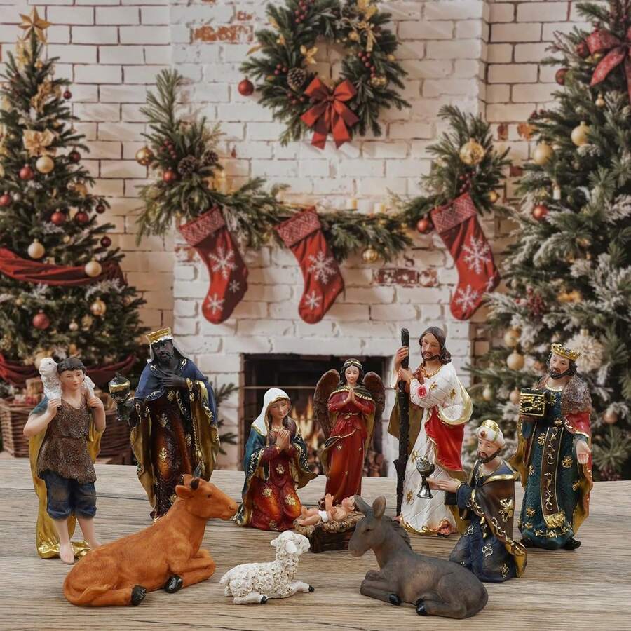 6" Nativity Set With 11 Figures, Nativity Scene Figurines Christmas Indoor Statues Resin Religious Decorations