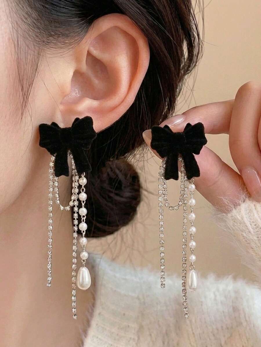 两件套:黑色蝴蝶结仿珍珠吊坠耳环,奢华水晶流苏链耳环,优雅长款垂坠耳环,适合女性日常佩戴、派对、送礼及节日,情人节珠宝系列 - 彩色 - 查看 1