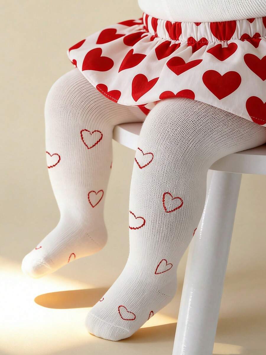1pc Baby Girls' Heart Pattern Tight Leggings, Sweet Style, Suitable For Newborn Photo Shoot, Holiday Party Wear - White - View 1