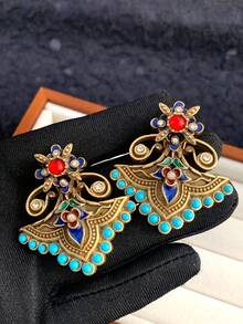 Bộ trâm cài và bông tai kiểu dáng cổ điển, làm thủ công, đính đá men dập nổi hình totem và giả ngọc lam, phù hợp cho phụ nữ mặc hàng ngày và dự tiệc. - Đầy màu sắc - Xem 10