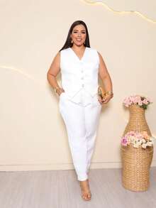 Women's Plus Size Tailored Pants And Vest Set - Elegant - 白色 - 查看 1