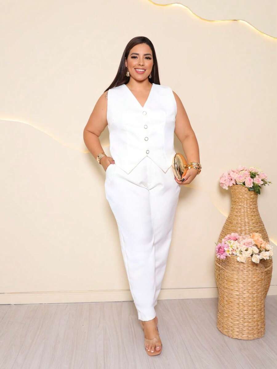 Women's Plus Size Tailored Pants And Vest Set - Elegant - 白色 - 查看 1