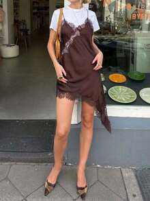 Seelio Summer New Arrival Women's Fashion Sexy Asymmetric Lace Dress, European And American Style - Coffee Brown - View 5