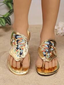 1 Pair Girls' Fashion Casual Embroidered Butterfly Flat Slip-On Sandals, Comfortable For Spring/Summer - Gold - View 1