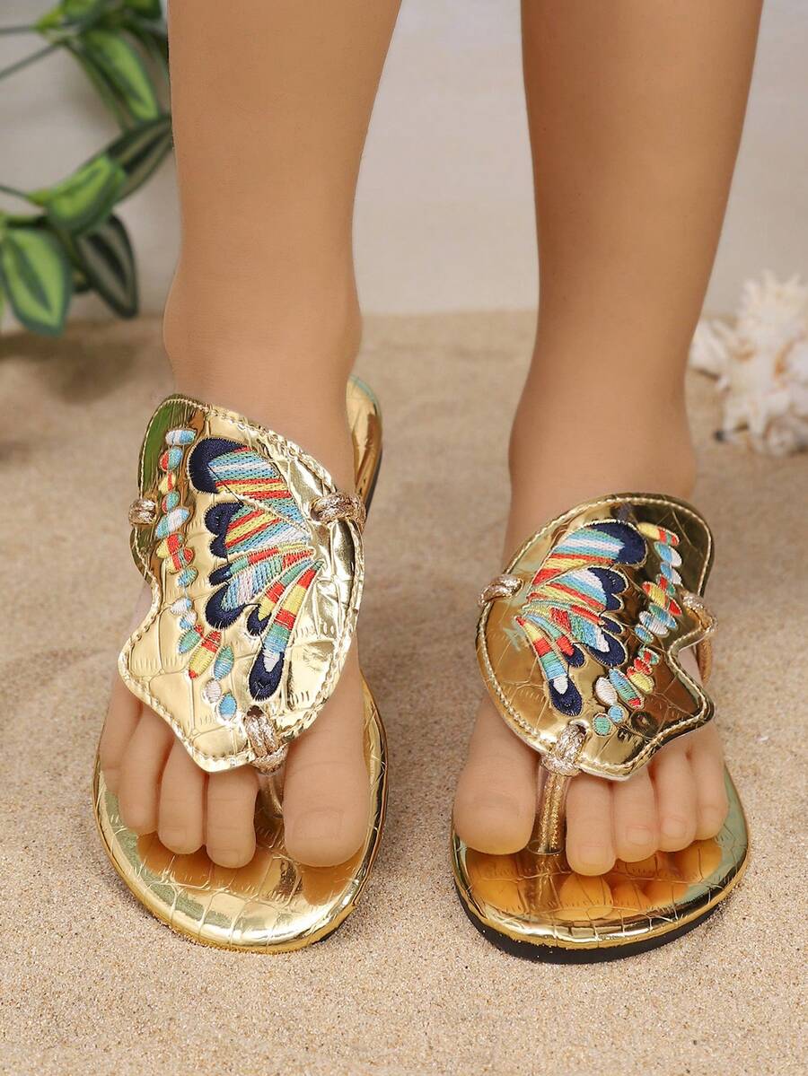 1 Pair Girls' Fashion Casual Embroidered Butterfly Flat Slip-On Sandals, Comfortable For Spring/Summer - Gold - View 1