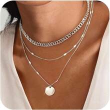 Layered Silver Necklaces For Women Sterling Silver Stackable Stack Choker Necklaces For Women  Layering Circle Pendant Chain Necklace Set Jewelry For Women - Đồng xu - Xem 1