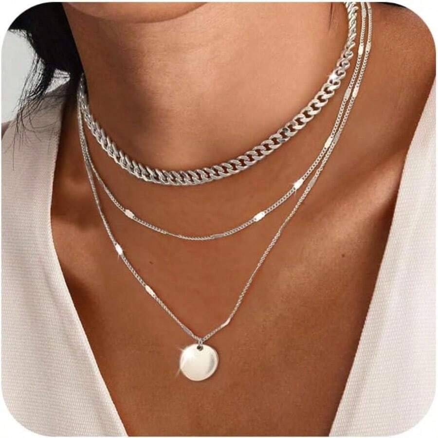 Layered Silver Necklaces For Women Sterling Silver Stackable Stack Choker Necklaces For Women  Layering Circle Pendant Chain Necklace Set Jewelry For Women - Đồng xu - Xem 1