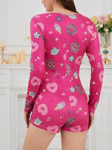 1 pieza Mono de manga larga con cuello en V sexy y cordones para mujer, silueta ajustada, mono de uso doméstico para primavera/otoño con estampado aleatorio - Rosa Fucsia - Ver 4