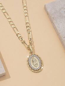 1pc Elegant Gold Oval Pendant Necklace With Virgin Mary Pattern, Unisex - Gold - View 3